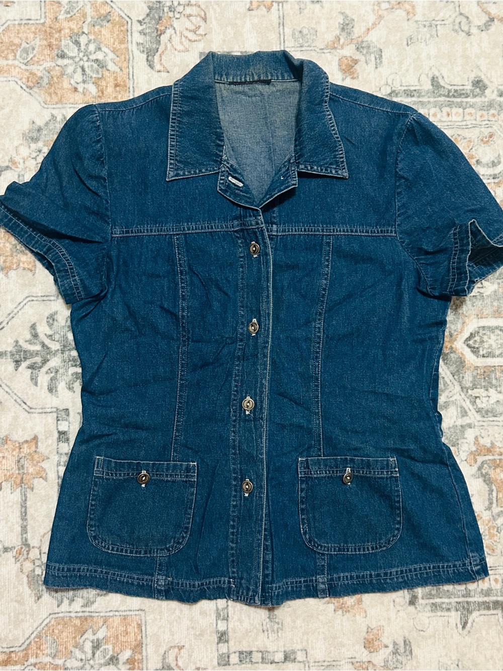 Vintage Denim Button-Front Short Sleeve Shirt - Blue